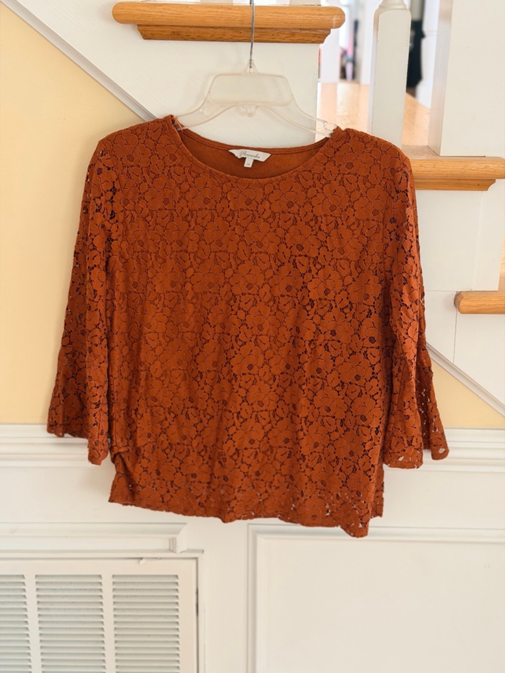 Ladies Size 14 Peacocks Crochet Floral Lace Boxy Blouse in Copper Rust GUC ❤️